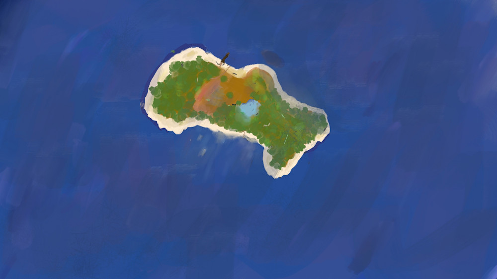 Maalaus ylhäältä alaspäin kuvatusta autiosta saaresta sinisen meren ympäröimänä. Saaren rannat ovat hiekanväriset ja keskiosa on pääosin vihreä, mutta joukossa on myös ruskeaa ja vaaleansinistä väriä.